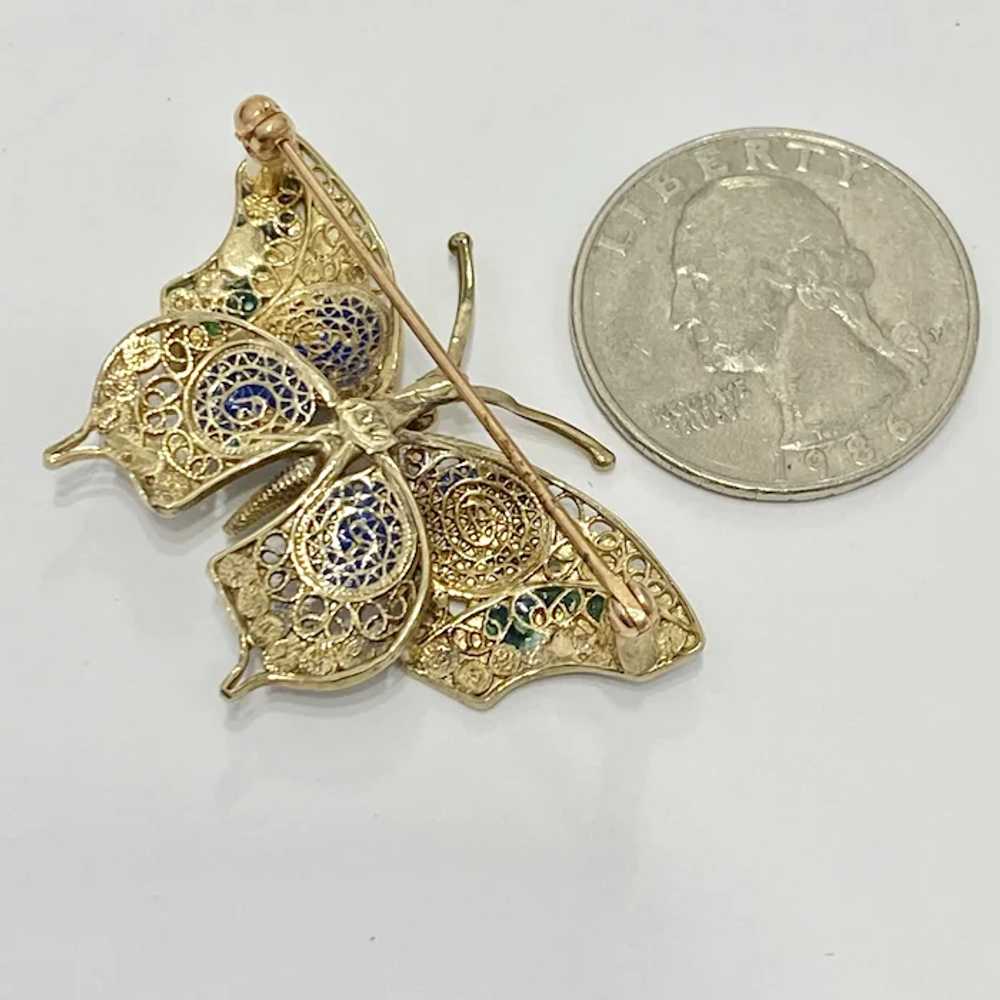 Butterfly Vintage Brooch 14K Gold Filigree Colorf… - image 2
