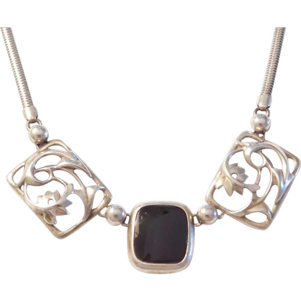Edwardian Onyx Floral Panel Necklace Sterling Sil… - image 1