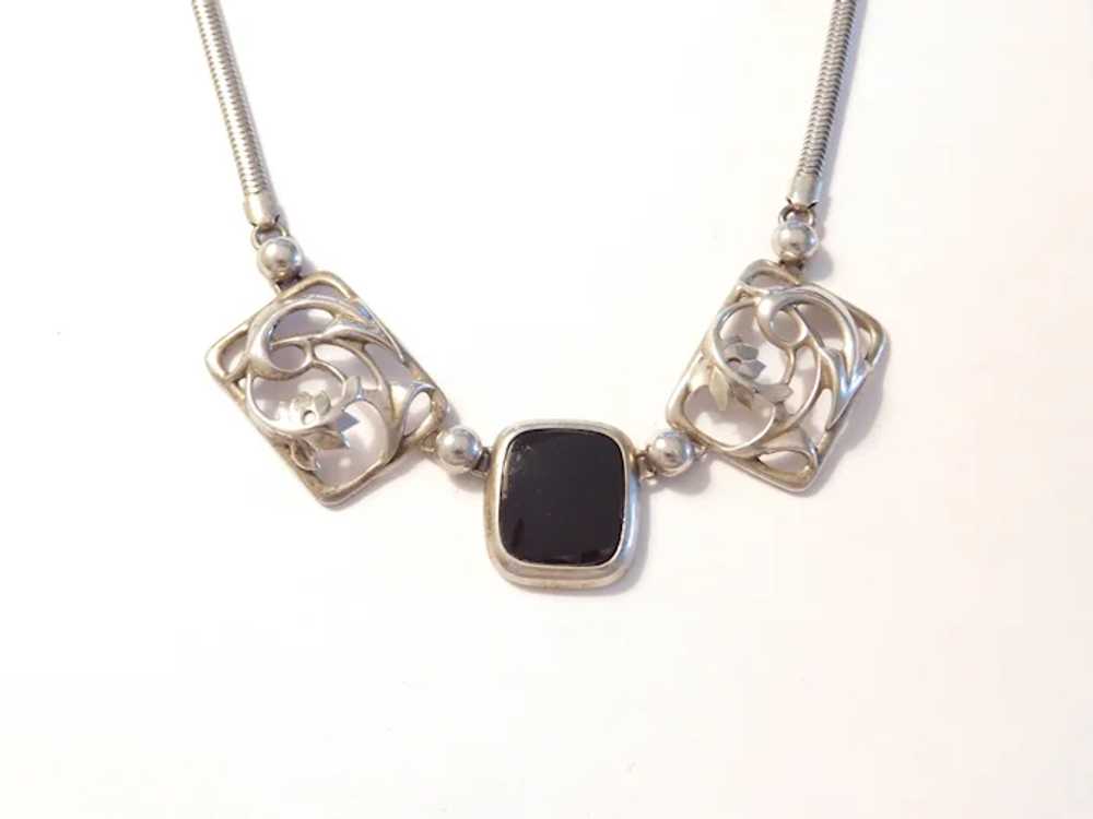 Edwardian Onyx Floral Panel Necklace Sterling Sil… - image 3