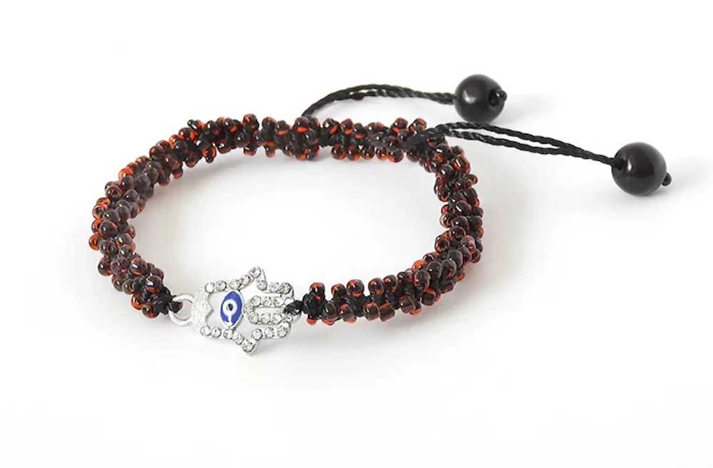 Hamsa with Evil Eye Bracelet, Red Macrame with Blue Seed Beads