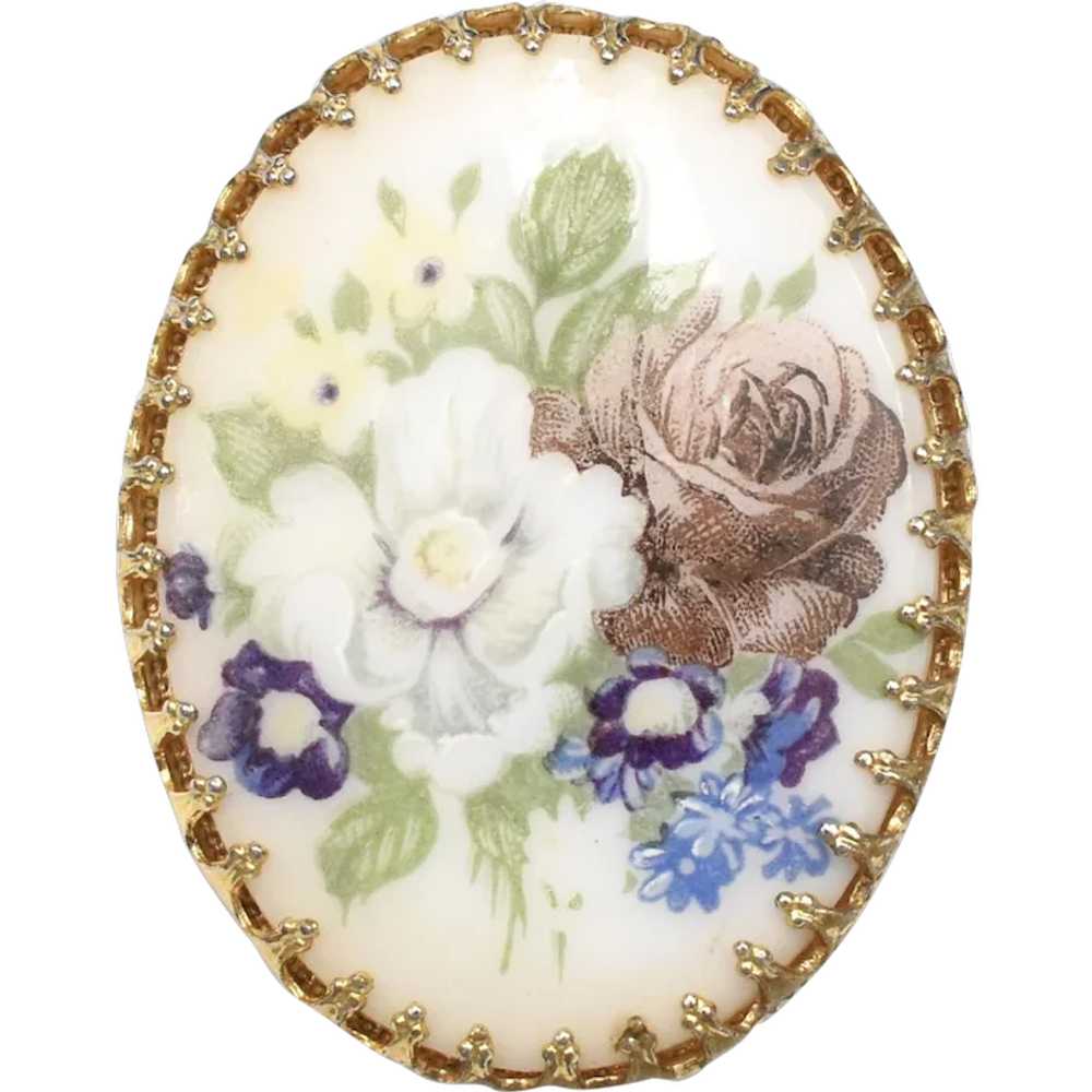 Hand Painted Floral Porcelain Oval Brooch/Pin - image 1