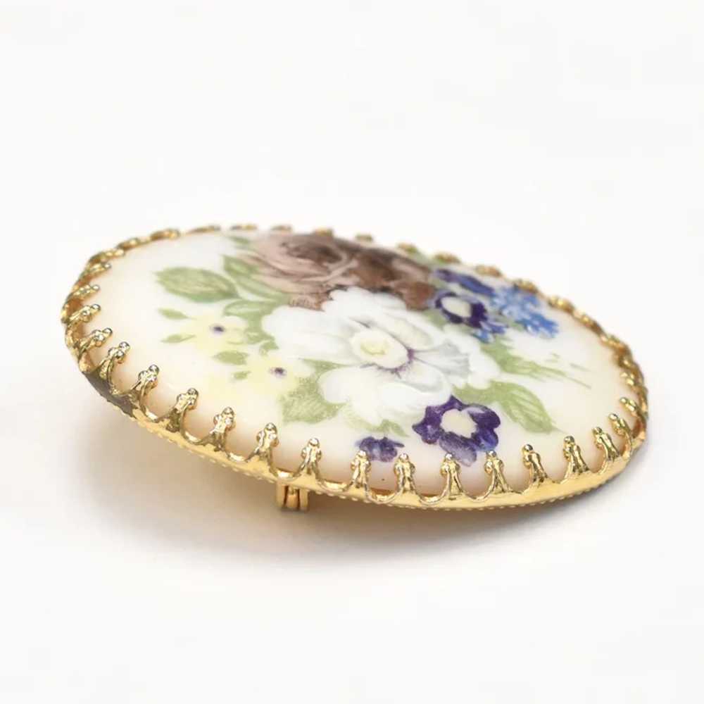 Hand Painted Floral Porcelain Oval Brooch/Pin - image 2