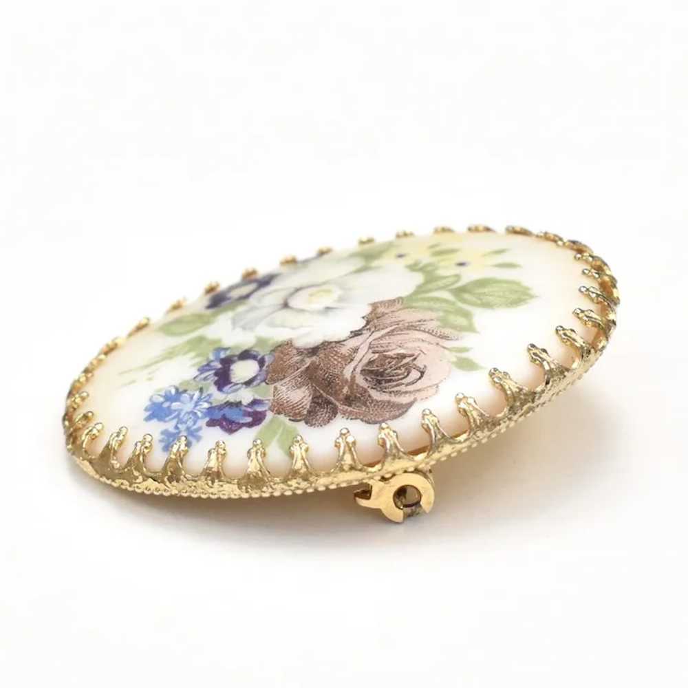 Hand Painted Floral Porcelain Oval Brooch/Pin - image 3