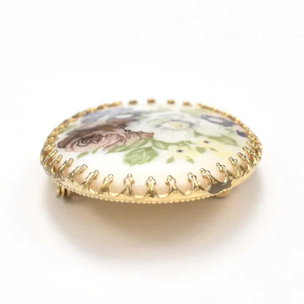 Hand Painted Floral Porcelain Oval Brooch/Pin - image 4