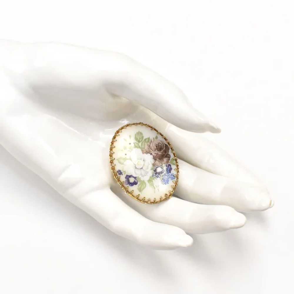 Hand Painted Floral Porcelain Oval Brooch/Pin - image 7