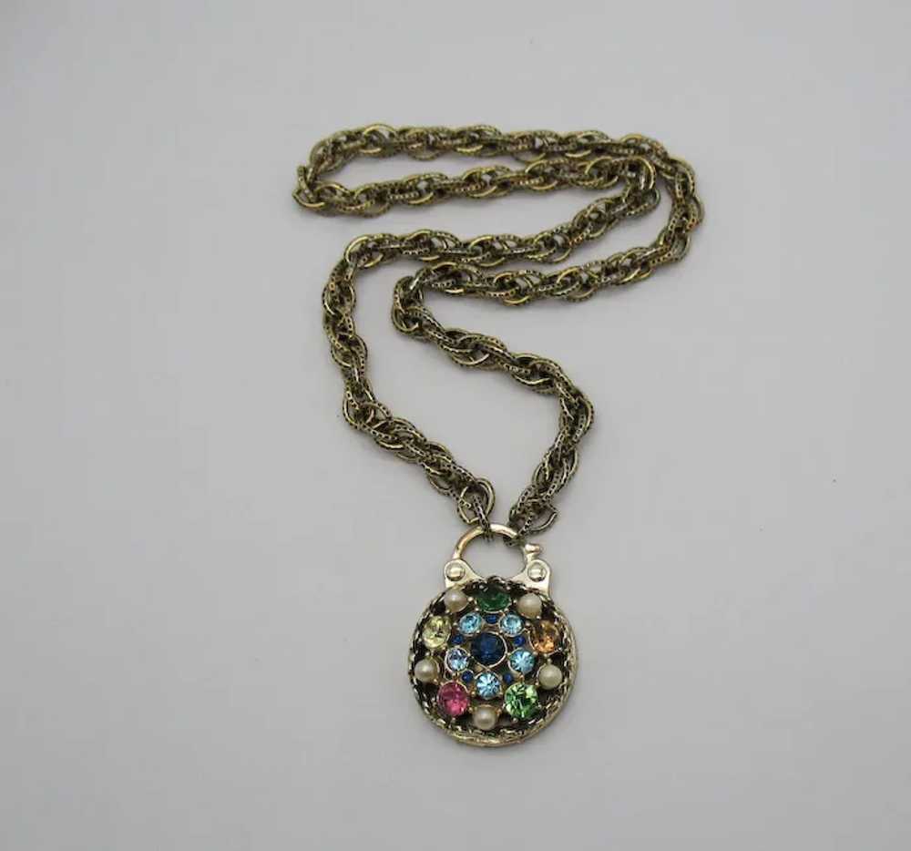 Vintage Rhinestone Faux Pearl Pad Lock Pendant Ne… - image 2