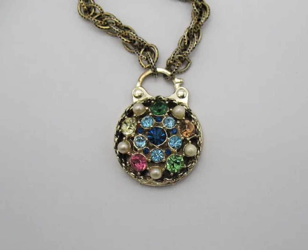 Vintage Rhinestone Faux Pearl Pad Lock Pendant Ne… - image 3