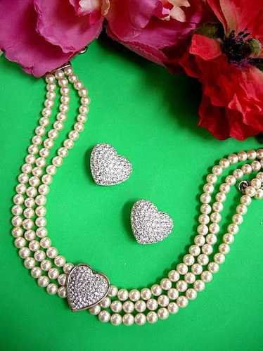 Vintage Simulated Pearl and Pave Puffy Heart Neckl