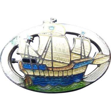 Vintage Enamel Sailing Ship Brooch, Cut Work Pin - image 1