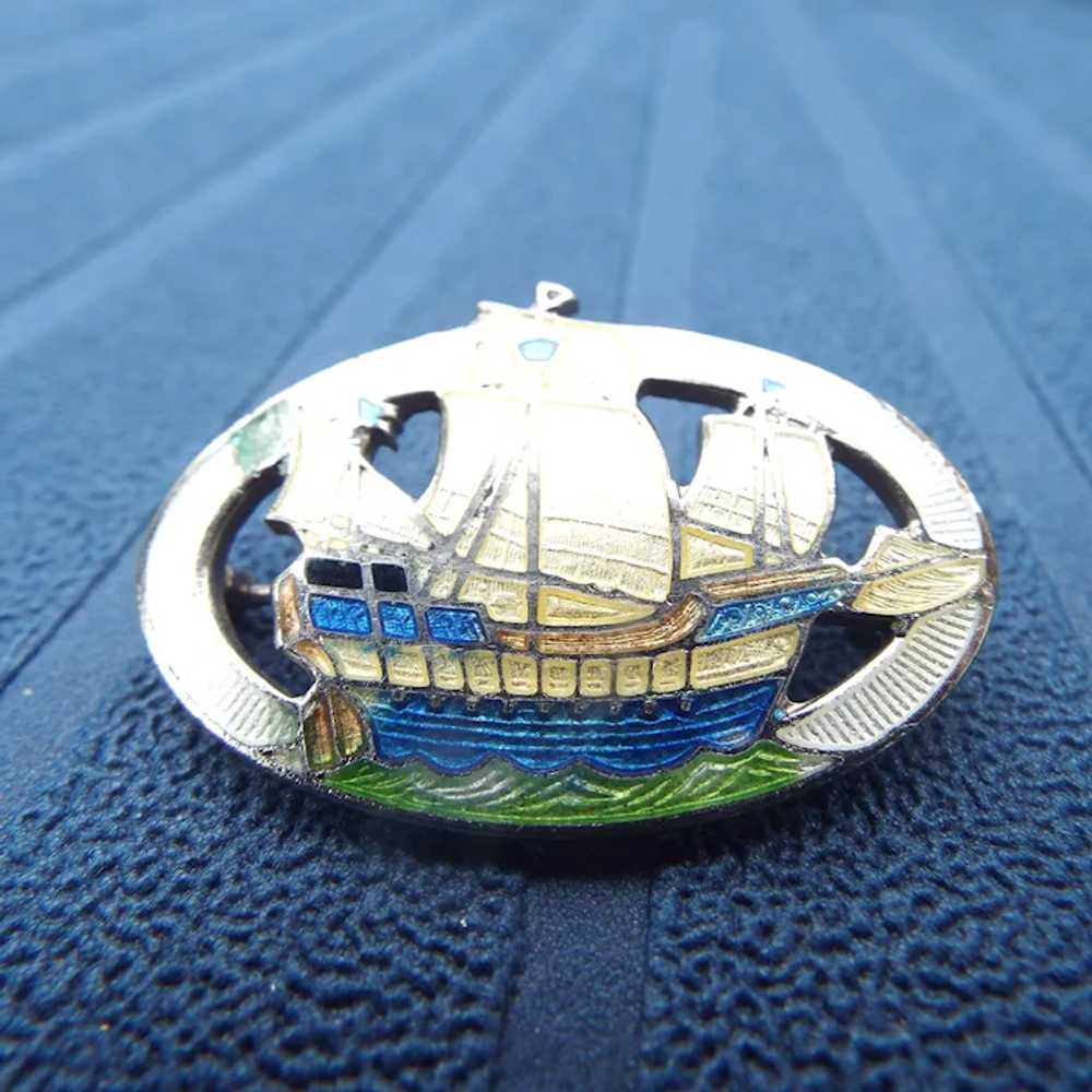 Vintage Enamel Sailing Ship Brooch, Cut Work Pin - image 3