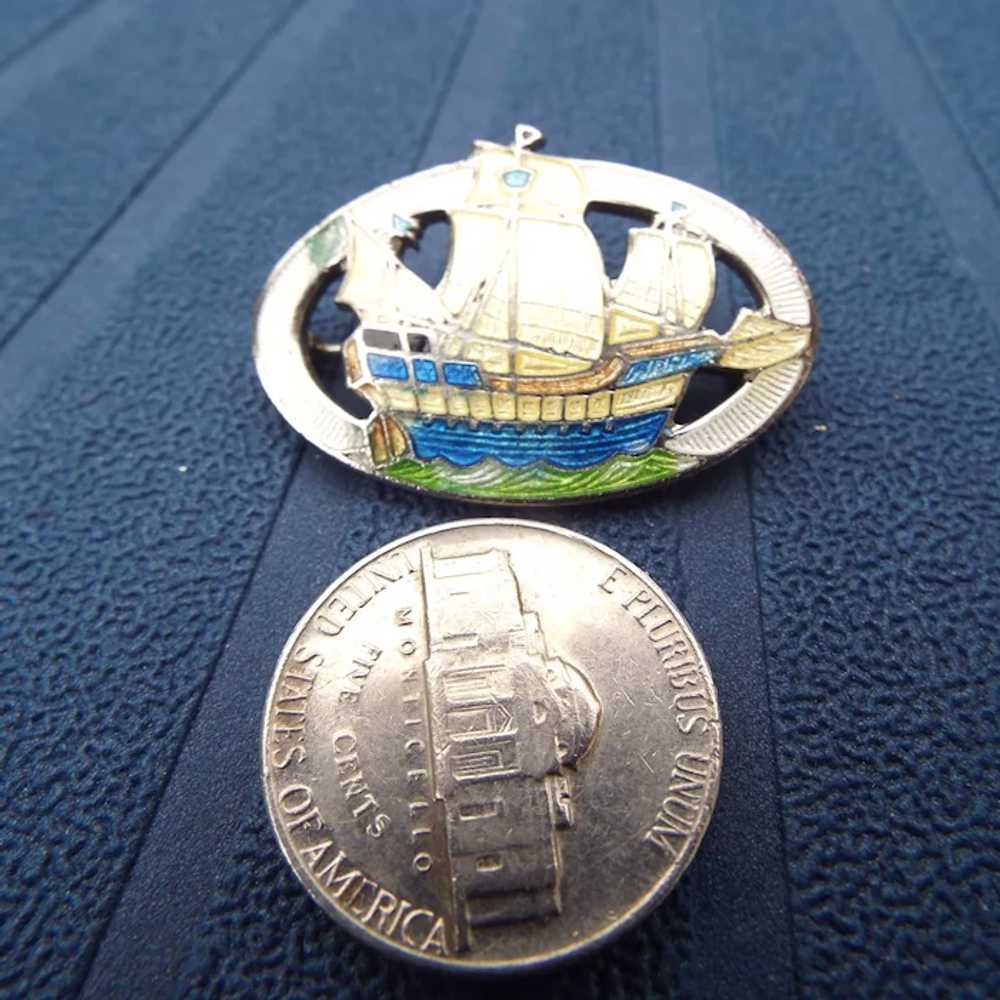 Vintage Enamel Sailing Ship Brooch, Cut Work Pin - image 4