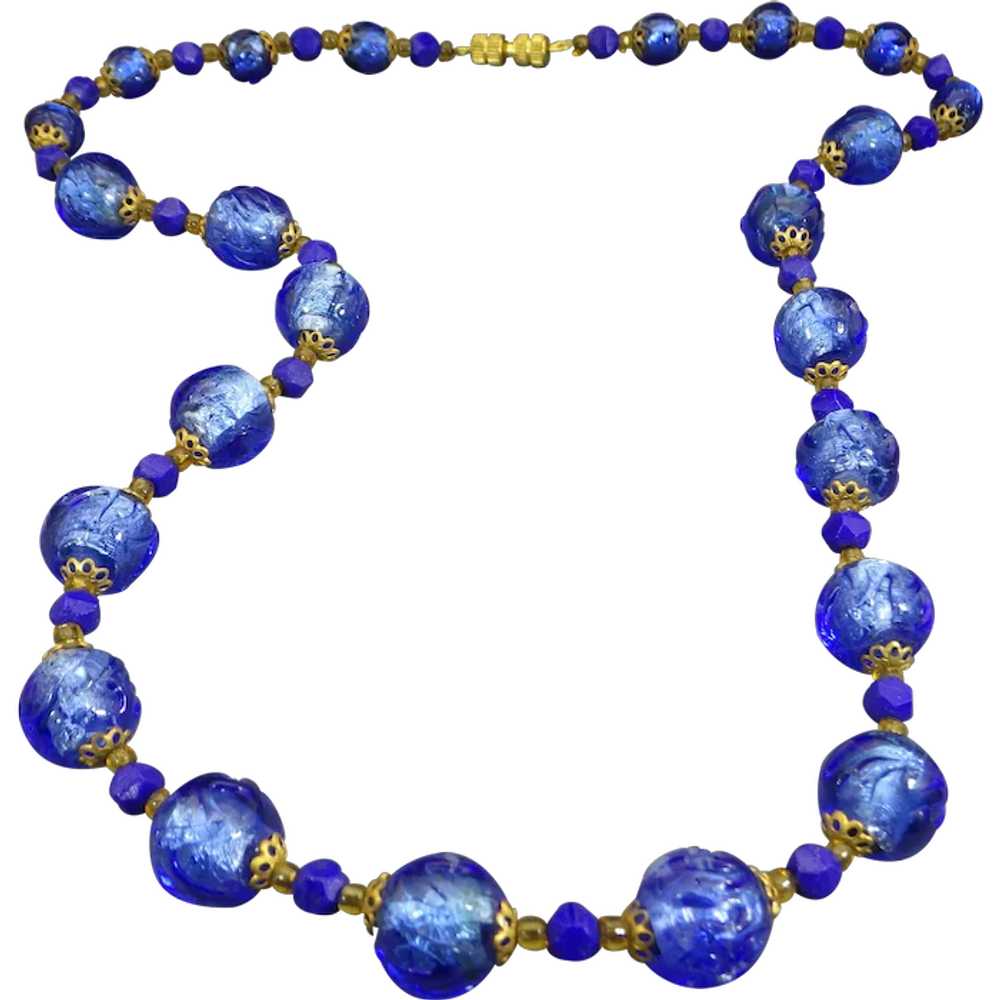 Rare Venetian Carved Cobalt Glass Beaded Necklace… - image 1