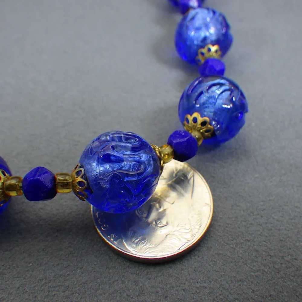 Rare Venetian Carved Cobalt Glass Beaded Necklace… - image 2