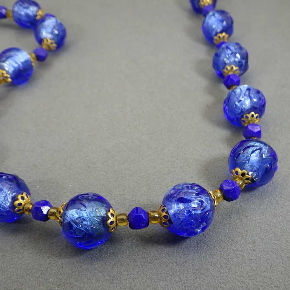 Rare Venetian Carved Cobalt Glass Beaded Necklace… - image 3