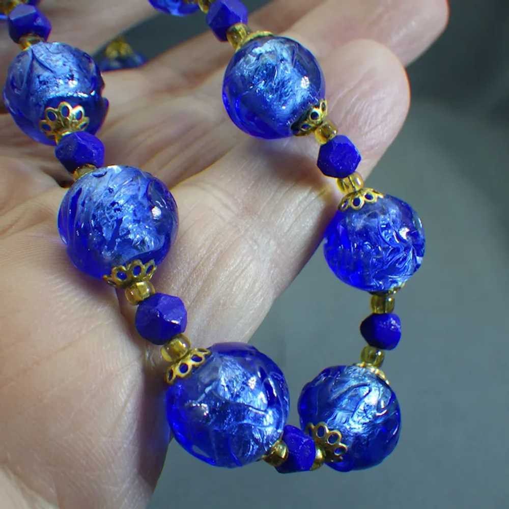 Rare Venetian Carved Cobalt Glass Beaded Necklace… - image 5