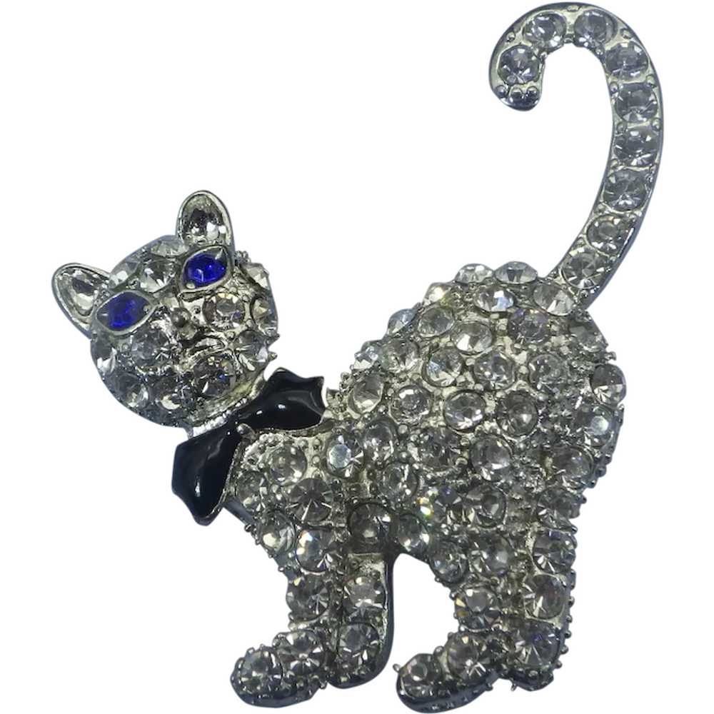 Vintage Rhinestone Cat Brooch, Clear Crystals 198… - image 1