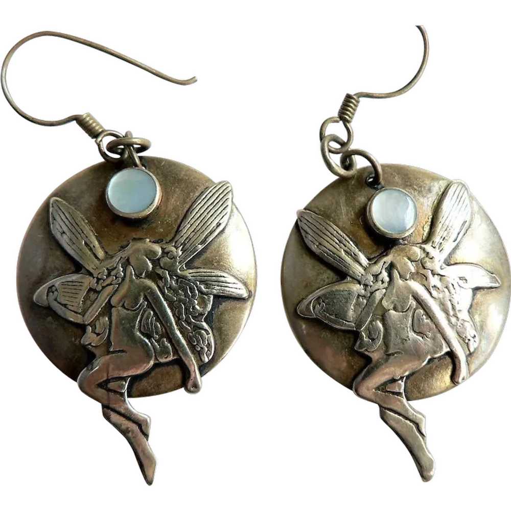 Gold Plated Winged Nude Fairy Pierced Earrings / … - image 1