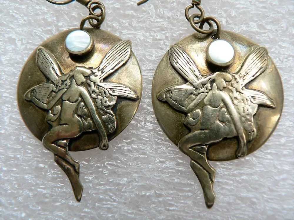 Gold Plated Winged Nude Fairy Pierced Earrings / … - image 2