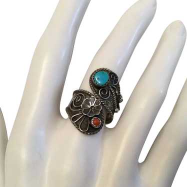 Vintage Ladakh Turquoise, Coral and Coin Silver Bib N… - Gem