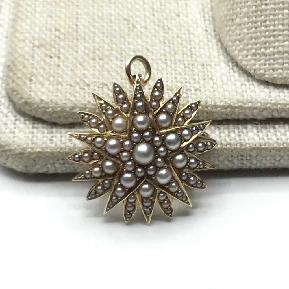 14K Yellow Gold Seed Pearl Starburst Brooch & Wat… - image 2