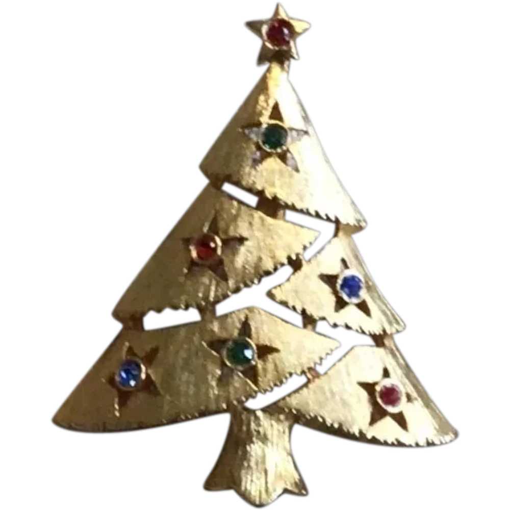 Gold Tone Rhinestone Christmas Tree Brooch - image 1