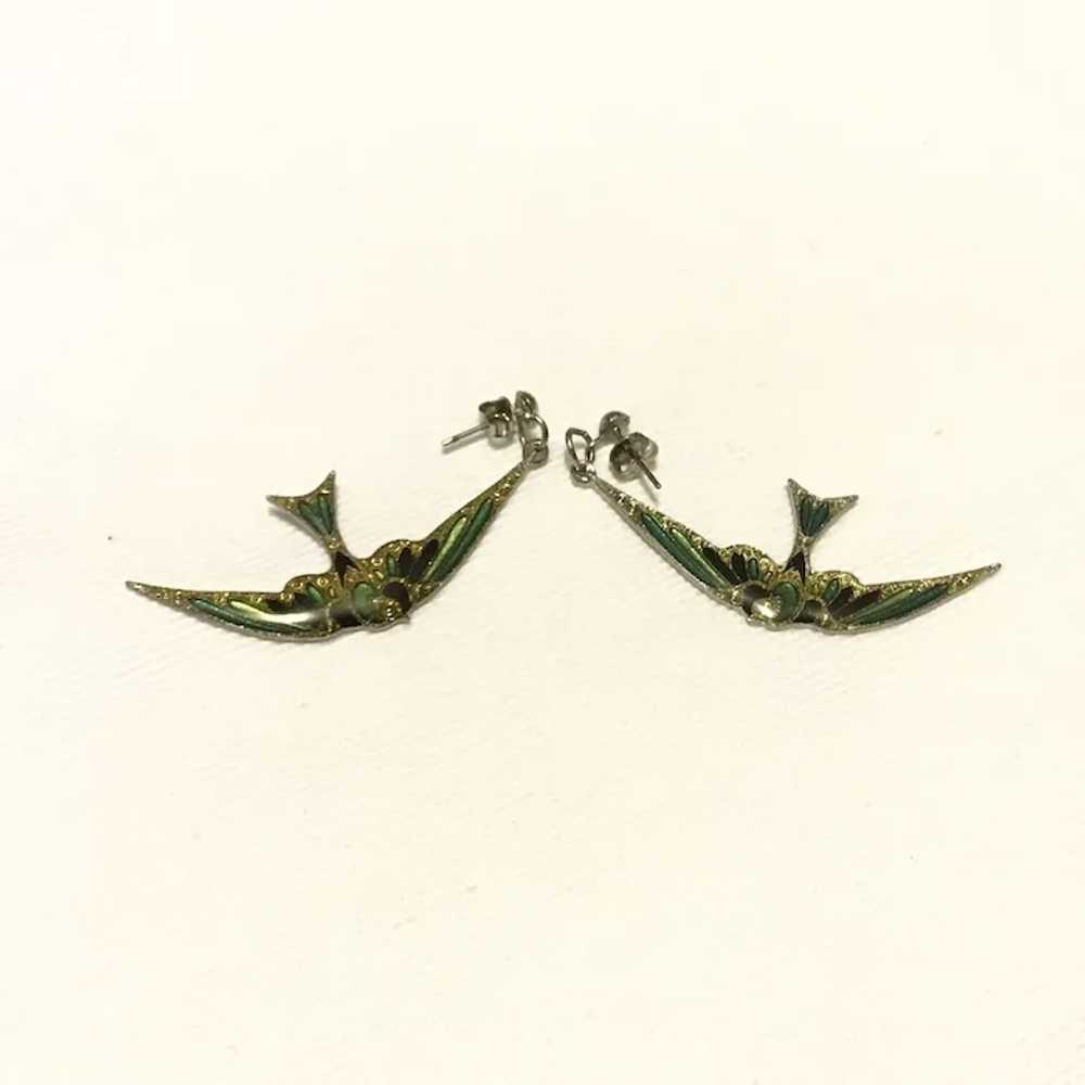 Silver Tone Enameled Sparrow Dangle Earrings - image 2