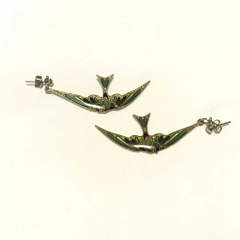 Silver Tone Enameled Sparrow Dangle Earrings - image 3