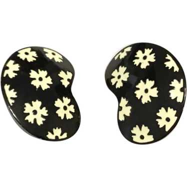 Black Enamel Floral Clip Earrings - image 1