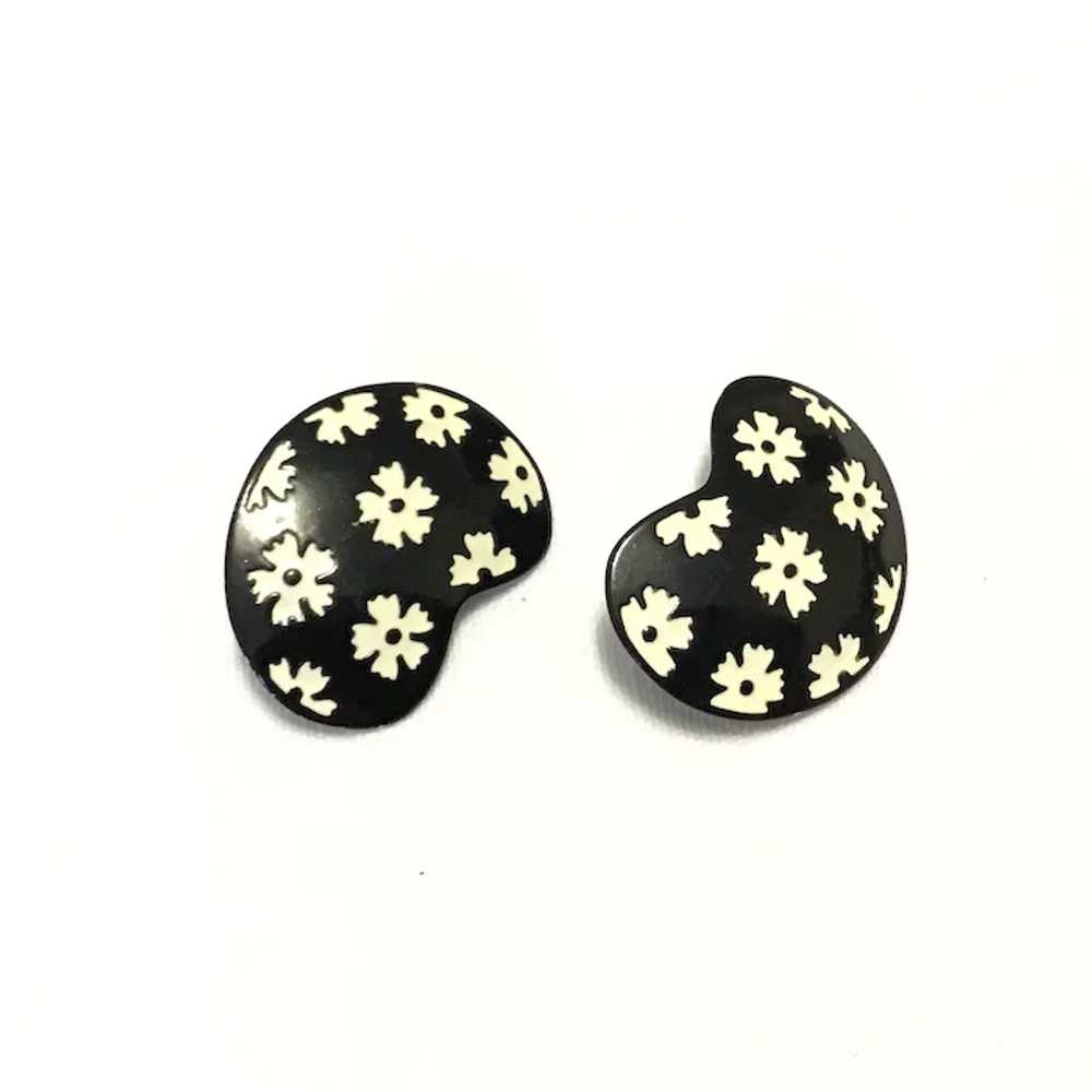 Black Enamel Floral Clip Earrings - image 2