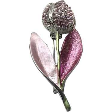 Silver Tone Pink Enameled Rhinestone Flower Brooc… - image 1
