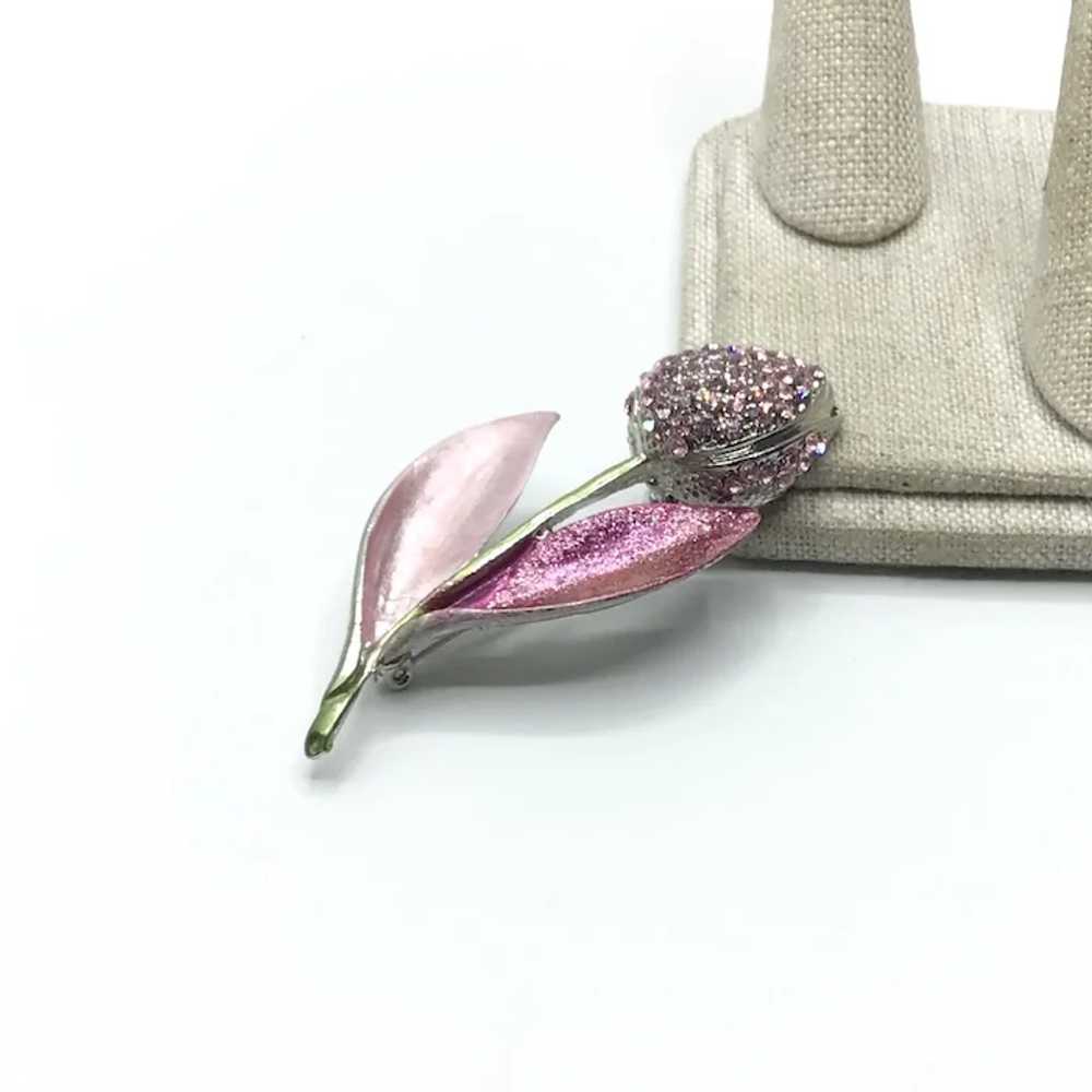 Silver Tone Pink Enameled Rhinestone Flower Brooc… - image 2
