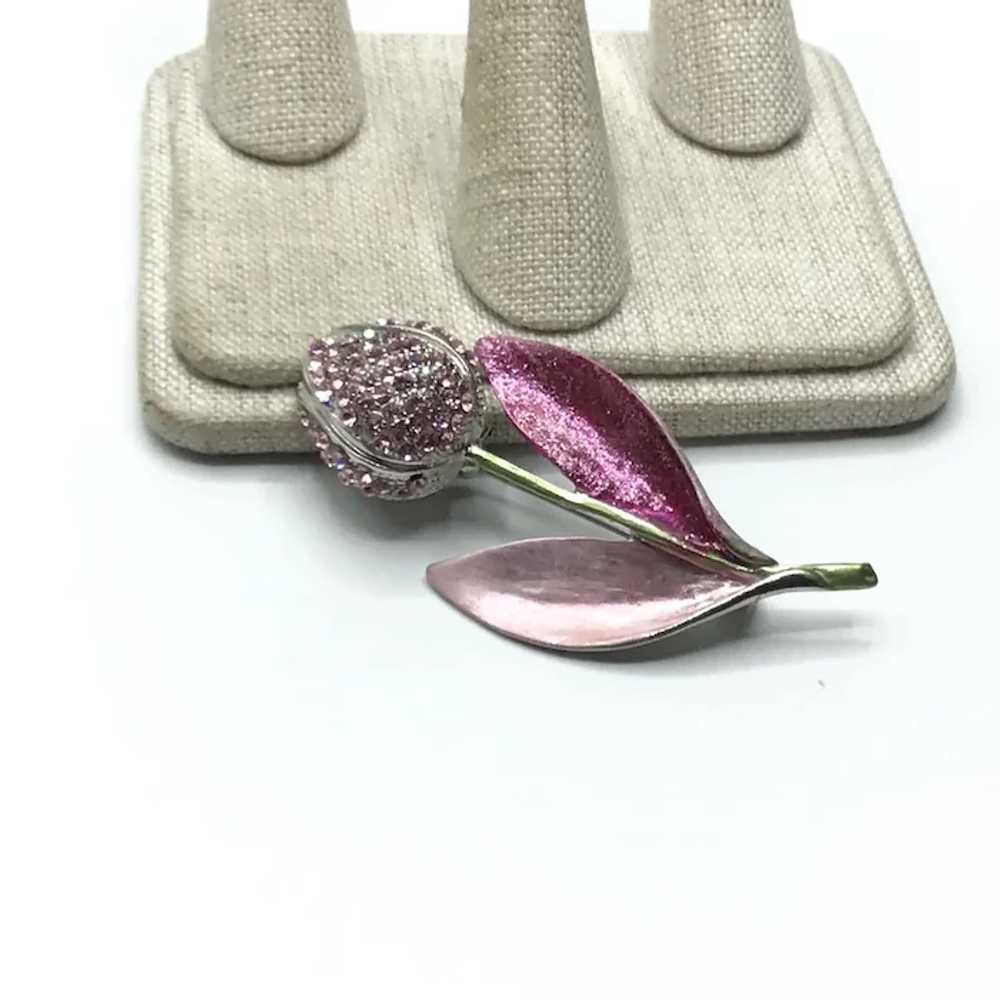 Silver Tone Pink Enameled Rhinestone Flower Brooc… - image 3
