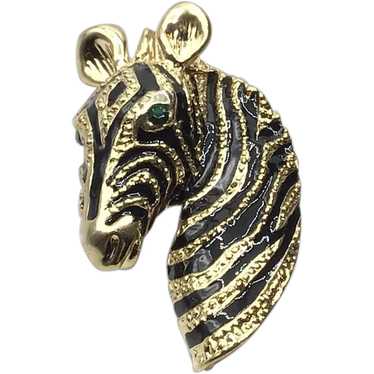 Gold Tone Black Enameled Zebra Brooch NOS