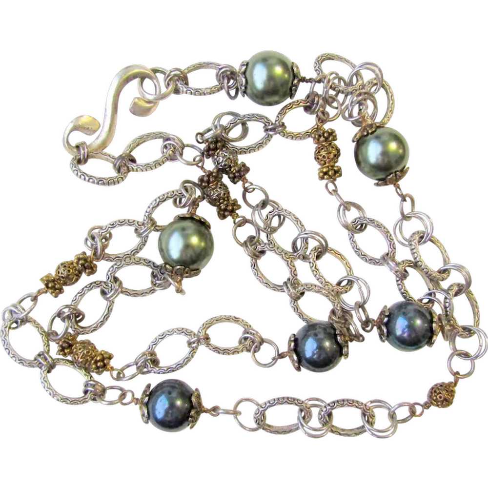Vintage Faux Gray Pearls Chain Necklace - image 1
