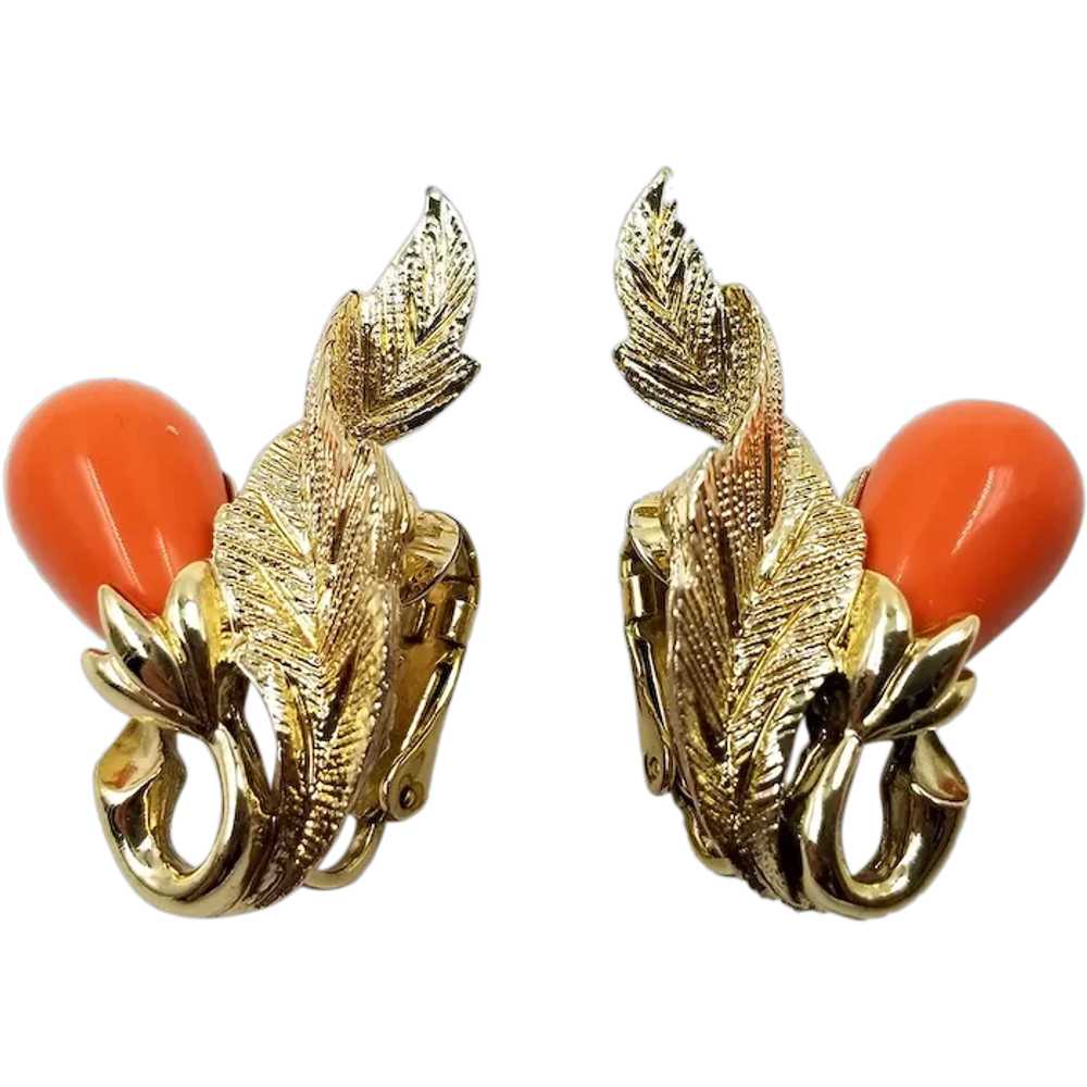 Sarah Coventry Gold Tone and Coral Colored Leaf a… - image 1