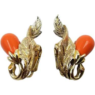 Sarah Coventry Gold Tone and Coral Colored Leaf a… - image 1