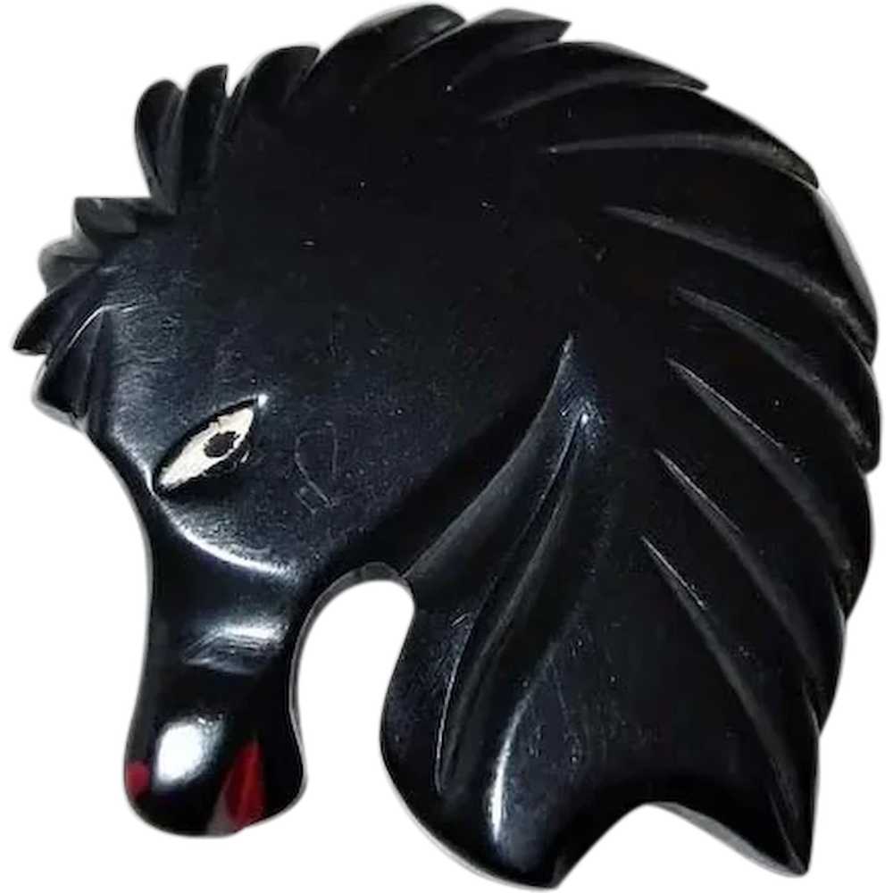 Black Bakelite Horse Head Deeply Carved and Paint… - image 1