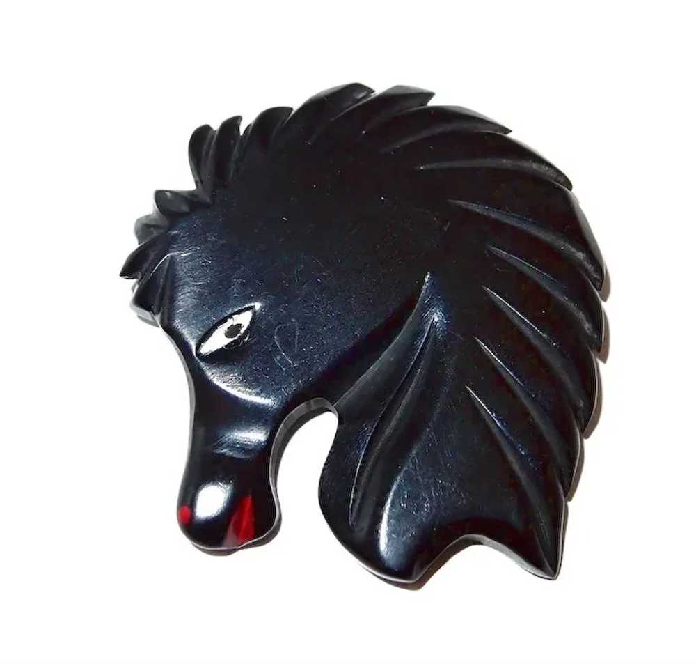 Black Bakelite Horse Head Deeply Carved and Paint… - image 2