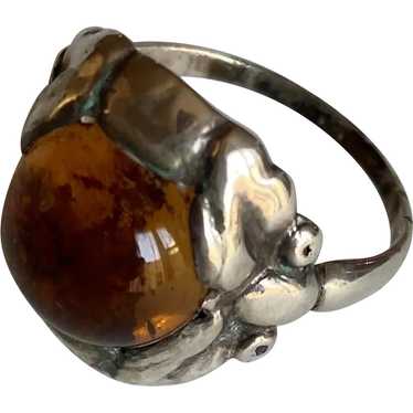 Georg Jensen Early Sterling Silver Ring with Ambe… - image 1