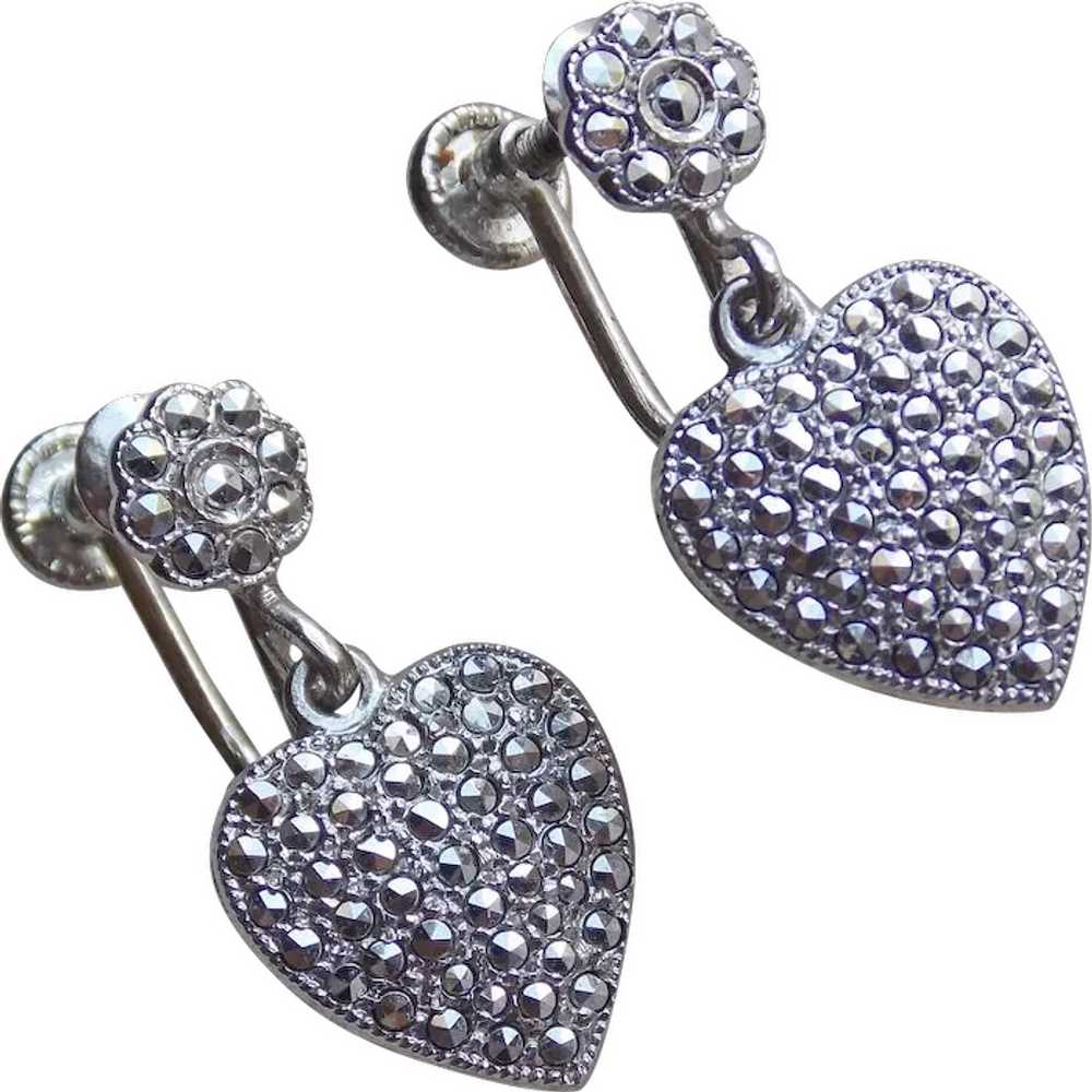 Sterling & Marcasite Heart Signed Vintage Earrings - image 1