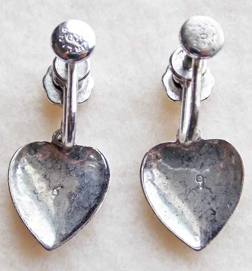 Sterling & Marcasite Heart Signed Vintage Earrings - image 2