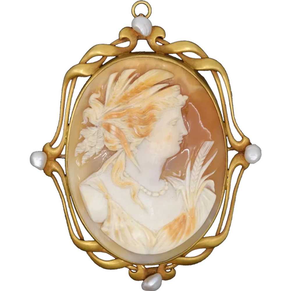 Huge Antique Art Nouveau 14K Cameo Natural Pearl … - image 1