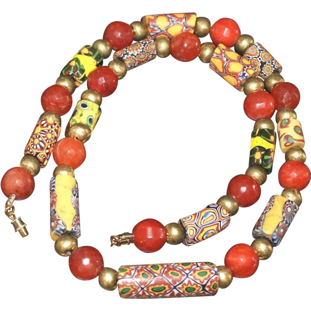 Antique Millefiori Trade Bead, Brass and Red Agat… - image 1