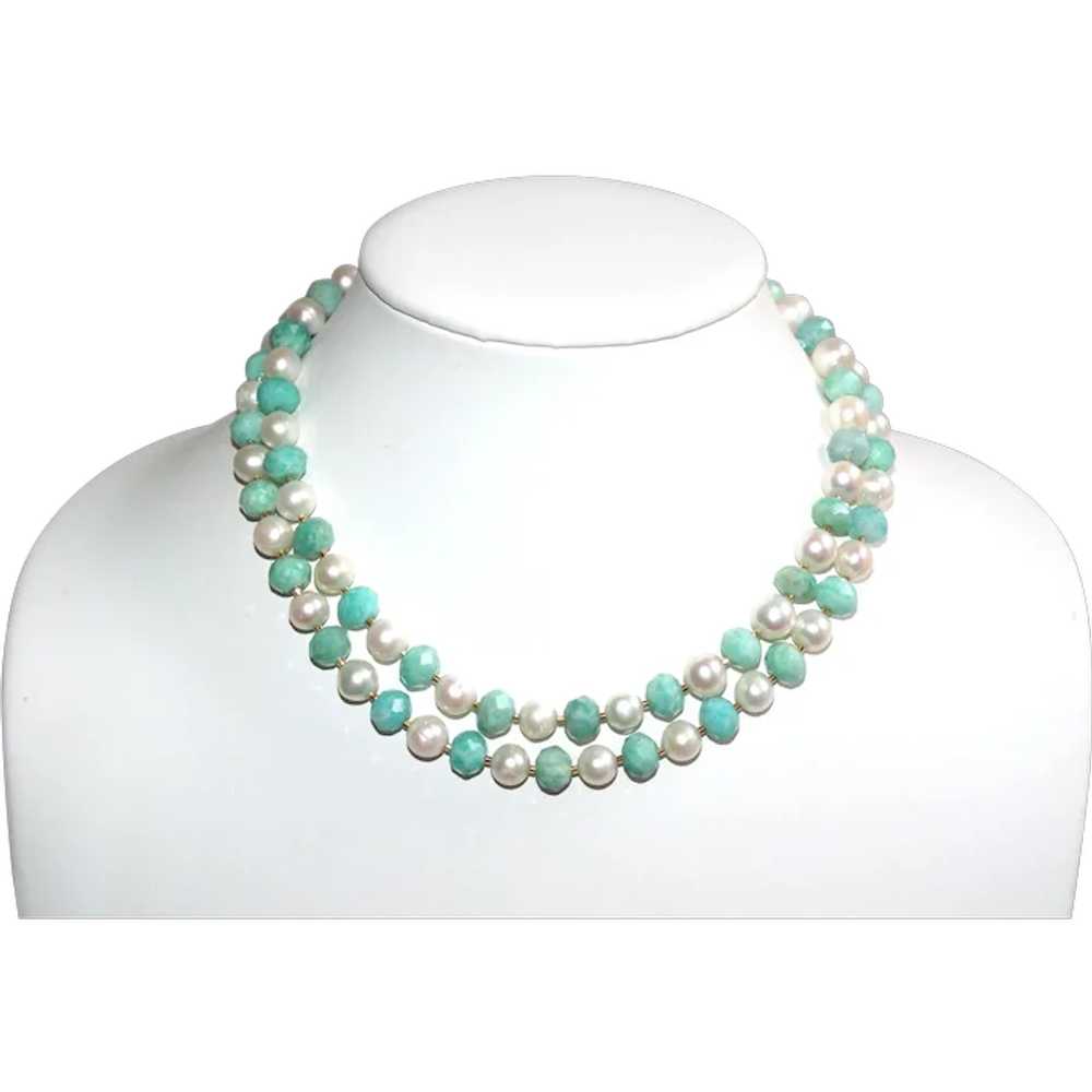 Long Necklace of Peruvian Amazonite and White Fre… - image 1