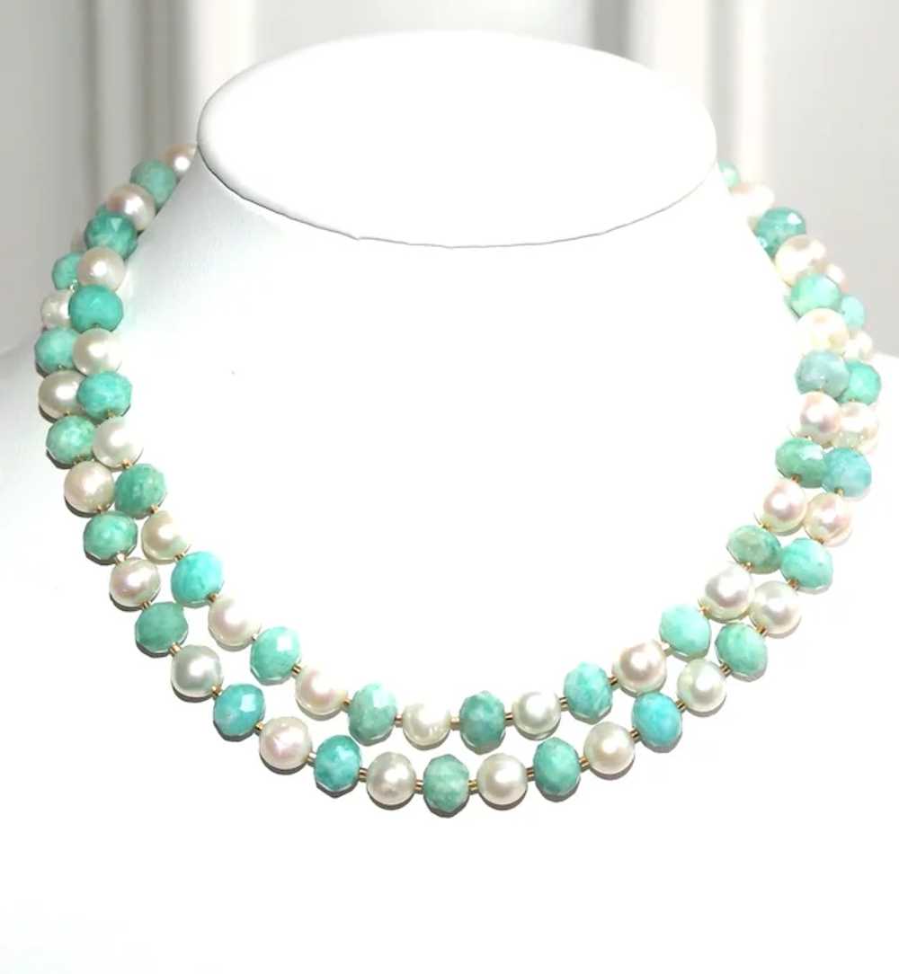 Long Necklace of Peruvian Amazonite and White Fre… - image 2