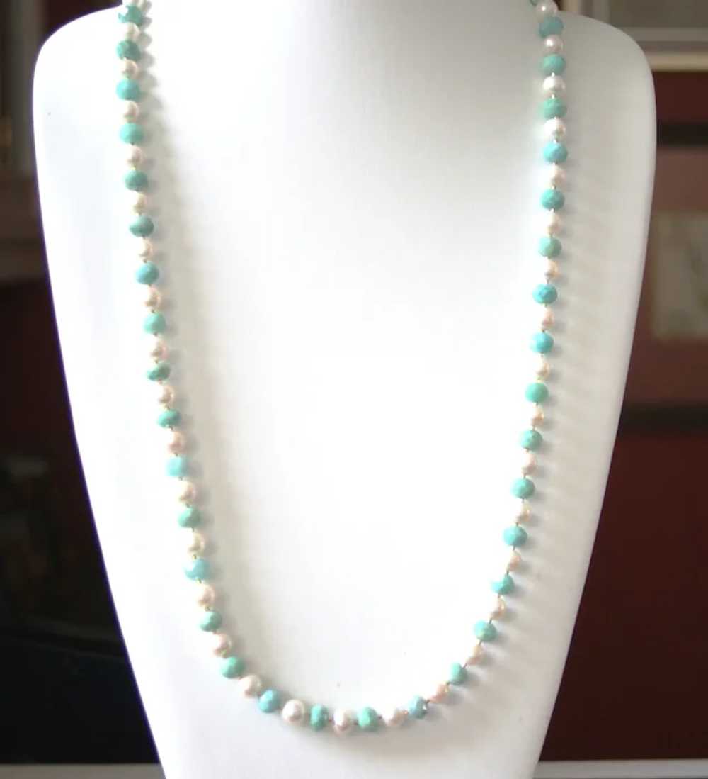 Long Necklace of Peruvian Amazonite and White Fre… - image 3