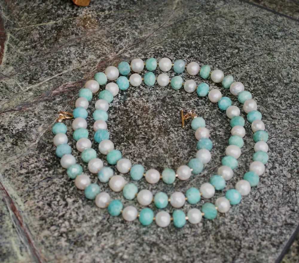 Long Necklace of Peruvian Amazonite and White Fre… - image 6