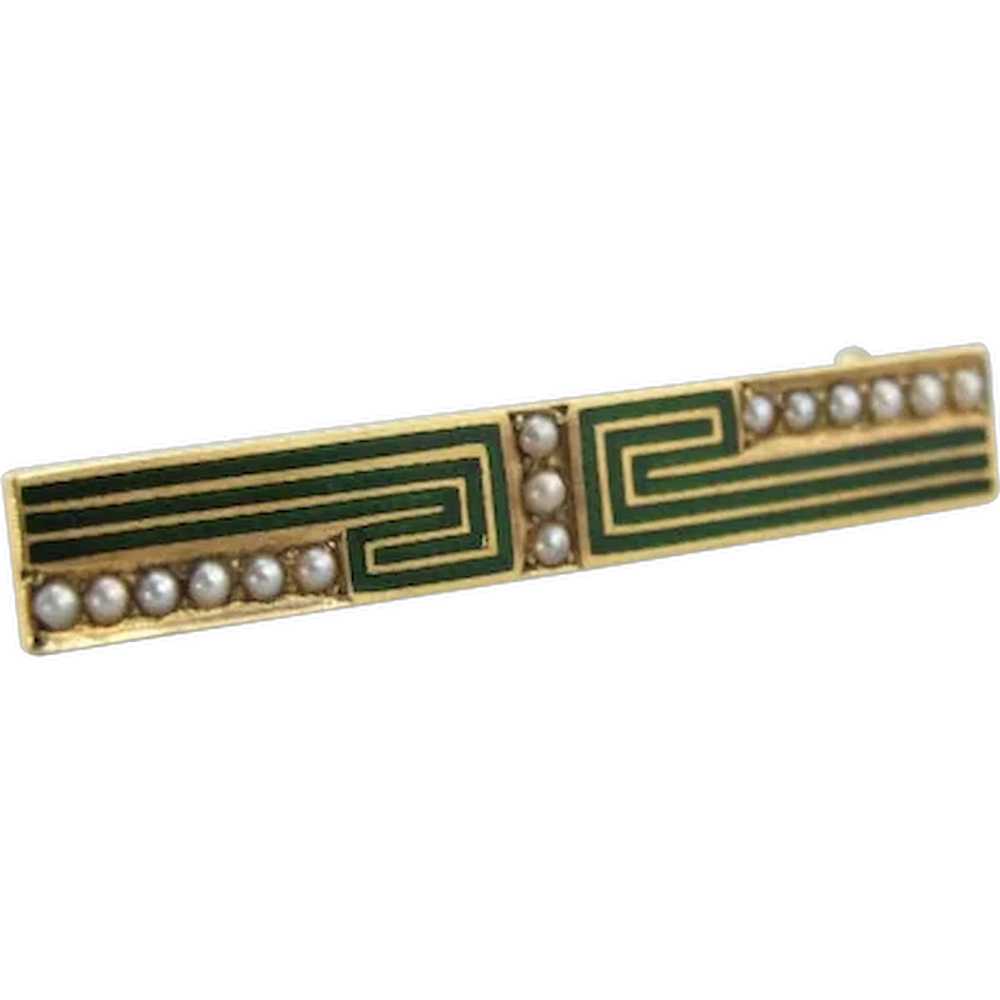 18 Karat Gold Bar Pin Brooch with Greek Key Enamel - image 1