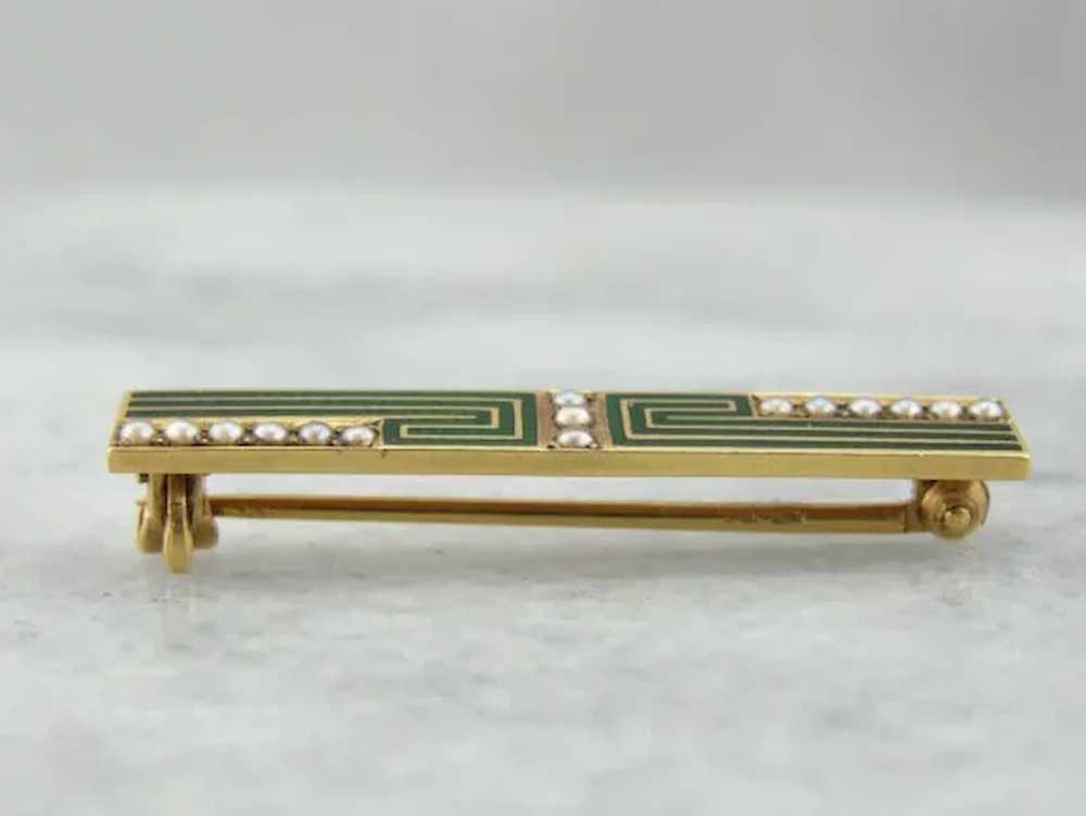18 Karat Gold Bar Pin Brooch with Greek Key Enamel - image 2
