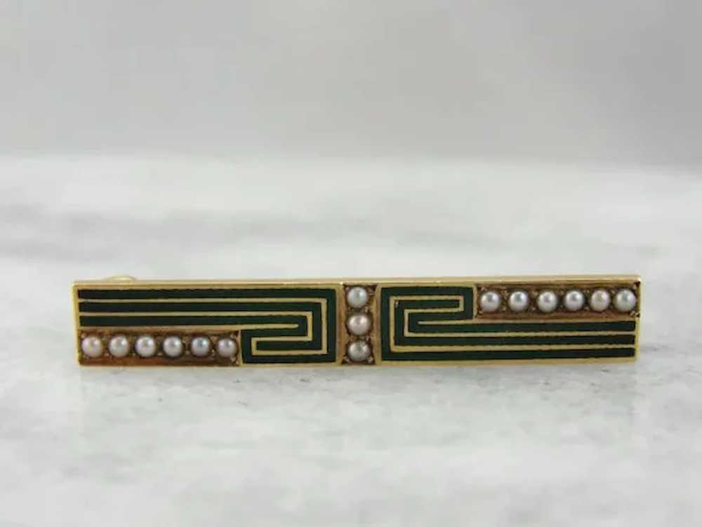 18 Karat Gold Bar Pin Brooch with Greek Key Enamel - image 4